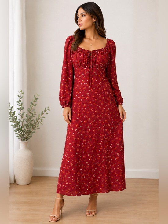 SHEIN Dresses & Skirts - SHEIN Red Floral Long Sleeve Maxi Dress | XL